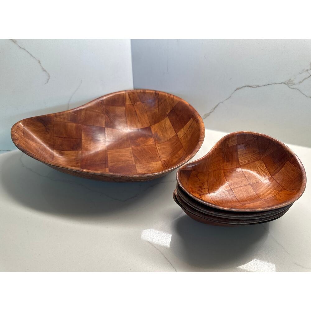 Vintage 70’s MCM Kidney Shaped Parquet Wooden Basket Weave Salad Bowls Serveware